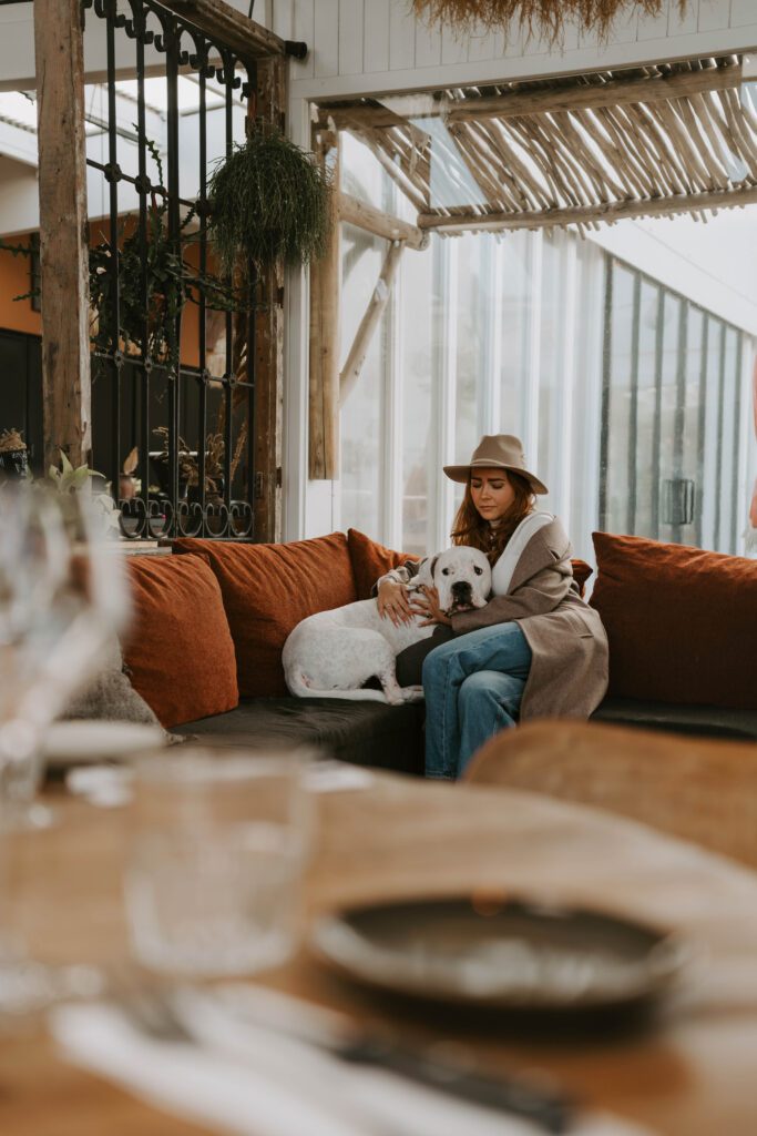 Hundefotoshooting in einem Café in Zandvoort, Holland: Frau kuschelt mit ihrem Hund auf einem gemütlichen Sofa.